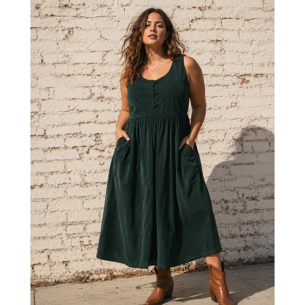 Bryn Connelly Green Corduroy Babydoll Sleeveless Midi Pocket Vintage Dress 14